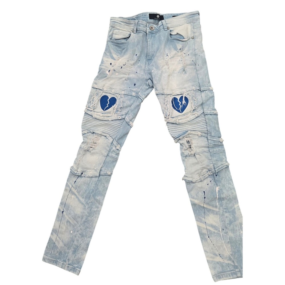 Focus Jeans Mens‎ 34x32 Light Wash Distressed Moto Denim Blue Broken Heart Patch